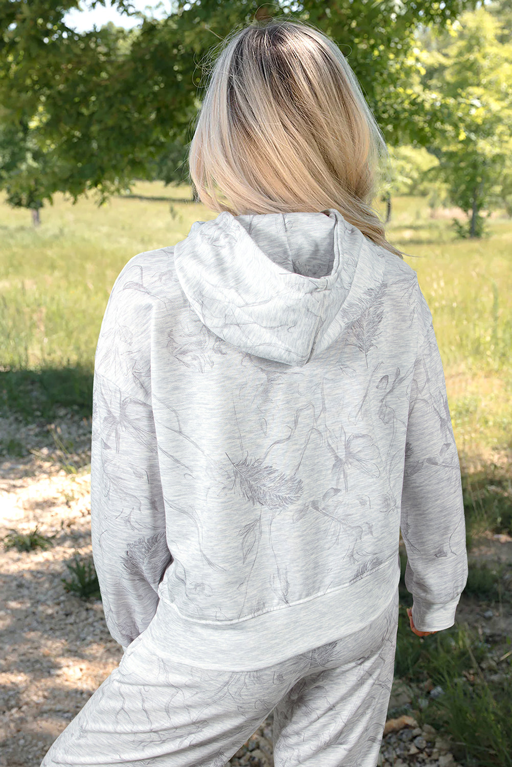Abstract Print Loose Drop Sleeve Hoodie Elastic Waistband 2pcs Pant Set