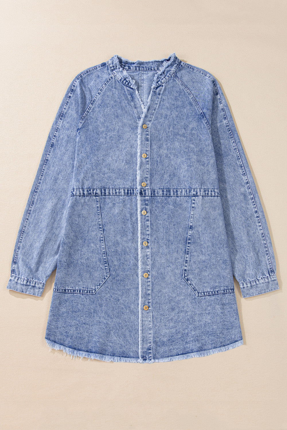 Beau Blue Wash Long Sleeve Button Up Raw Hem Pocketed Denim Dress