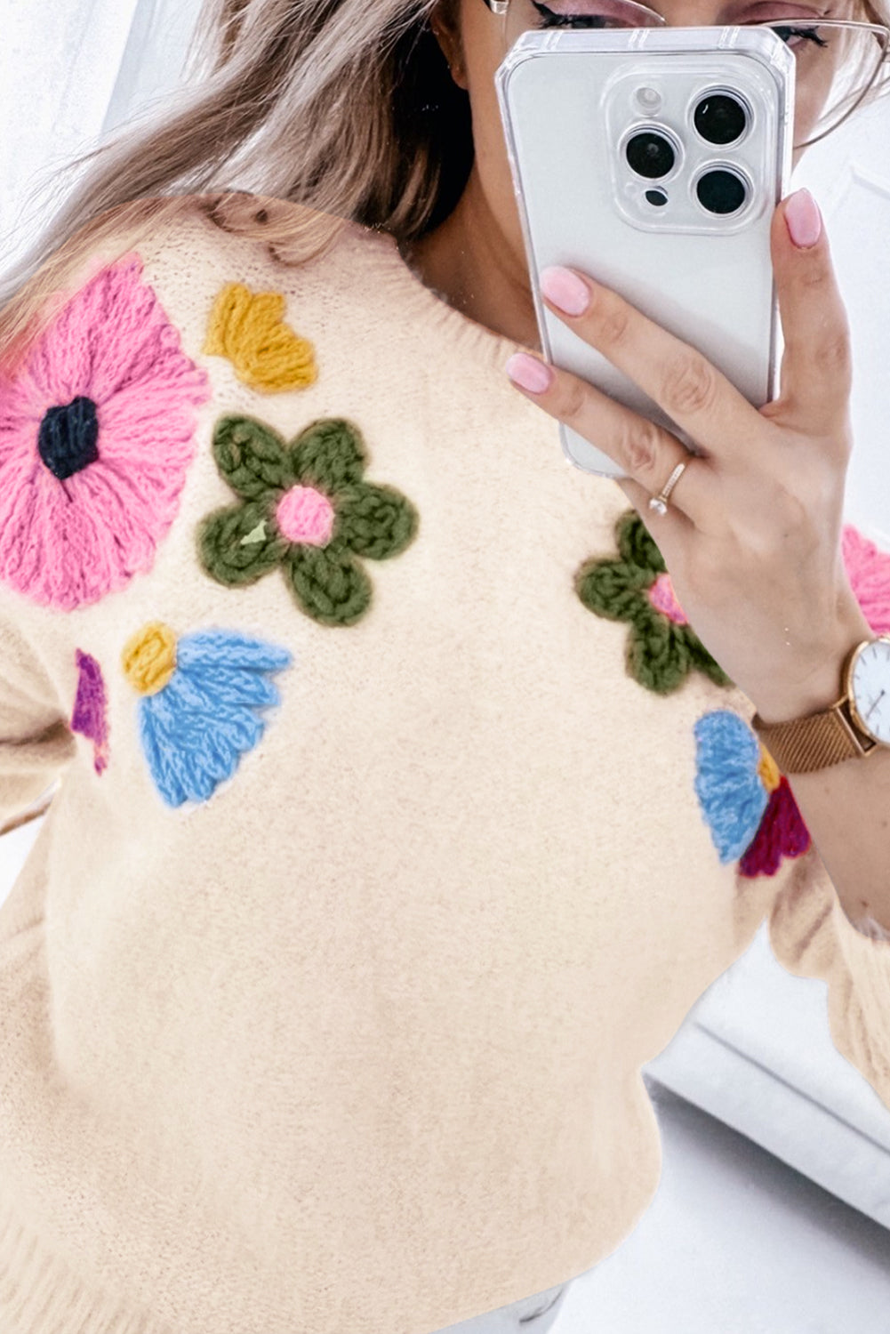 Beige Crochet Flower Pullover Sweater