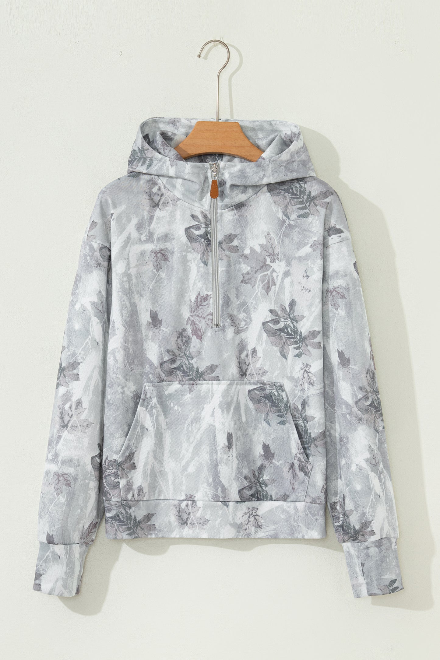 Camo Leaf Print Pocket Quarter Zip Hoodie