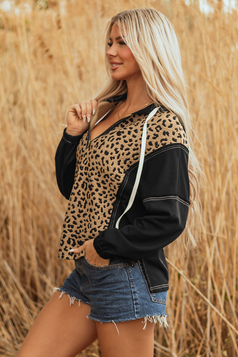 Brown Leopard Knotted Cuff Quarter Zip Hoodie