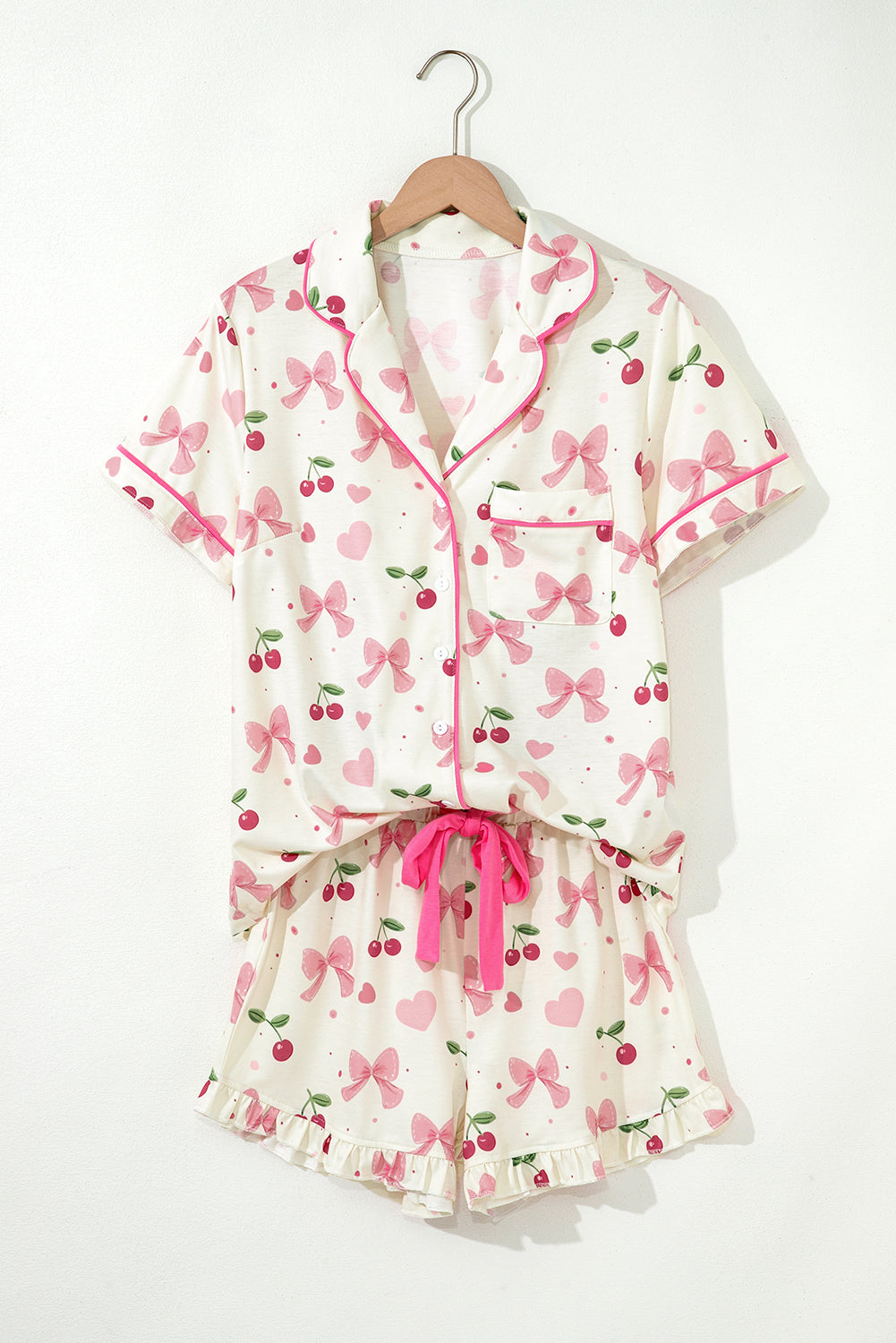 Pink Bow Print Contrast Pipping Short Pajamas Set