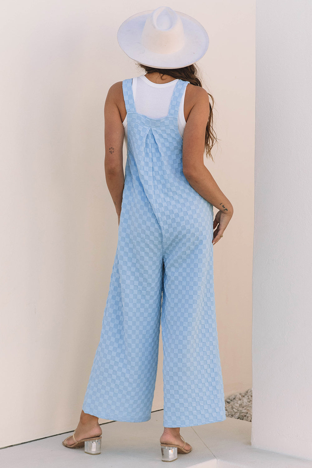 Beige Checkered Pocketed High Waist Wide Leg Overall
