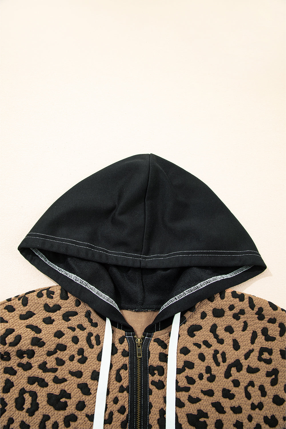 Brown Leopard Knotted Cuff Quarter Zip Hoodie