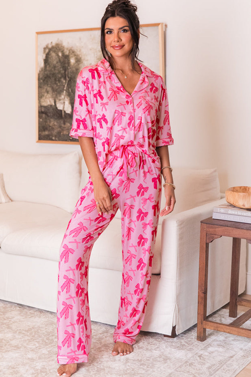 Pink Bow Knot Short Sleeve and Pants Pajamas Set