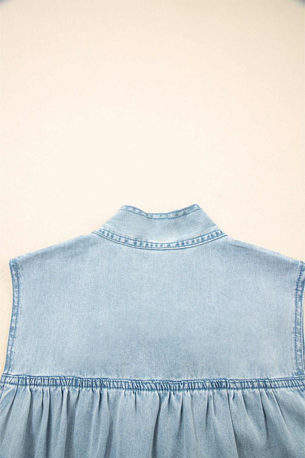 Blue Bowknot Neck Sleeveless Ruffled Chambray Dress