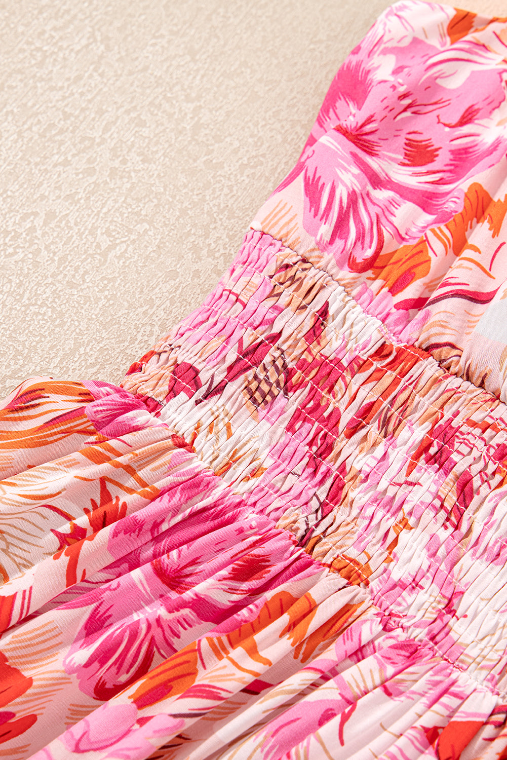 Floral Spaghetti Strap Surplice Neck Shirred Waist Mini Dress