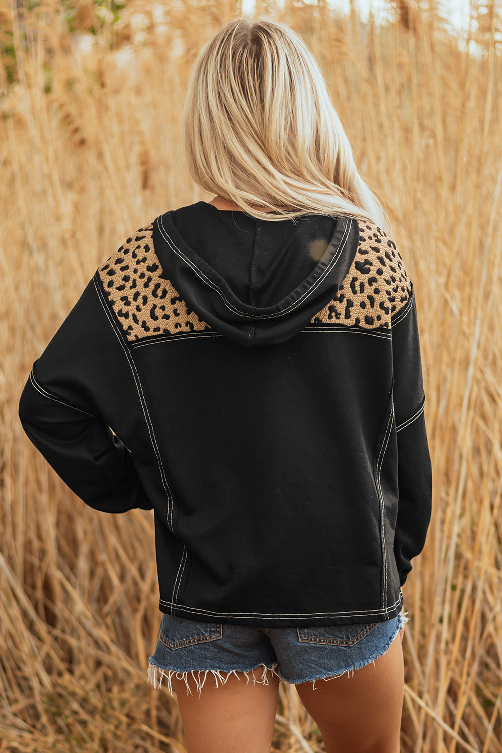 Brown Leopard Knotted Cuff Quarter Zip Hoodie