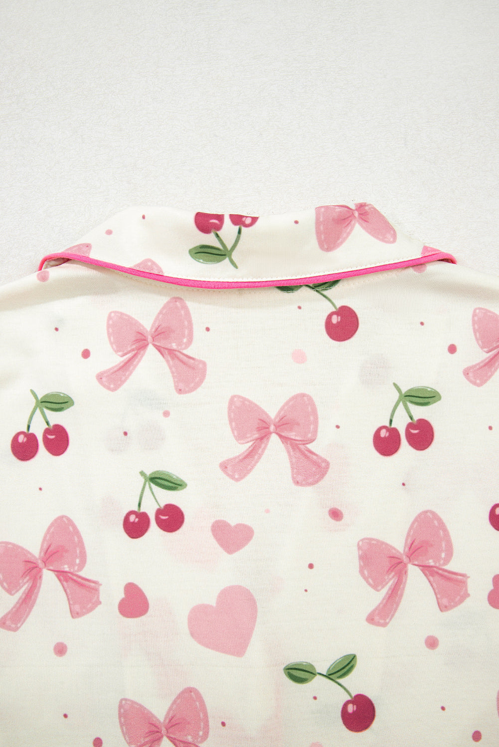 Pink Bow Print Contrast Pipping Short Pajamas Set