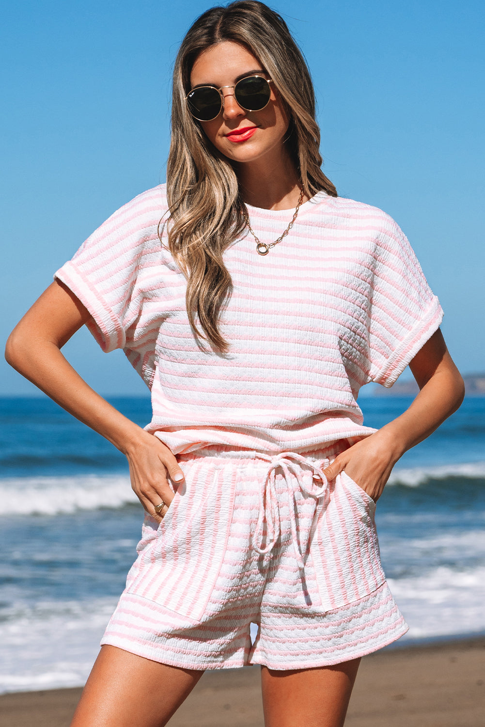 Stripe Knitted Short Sleeve Top and Drawstring Shorts Set