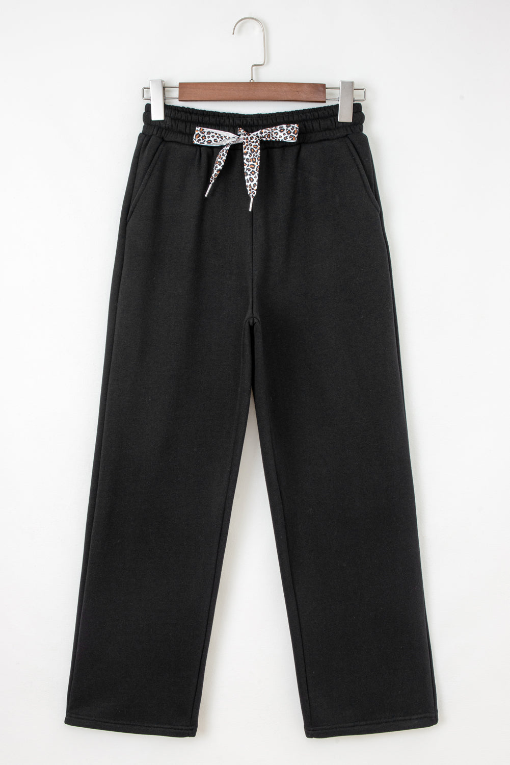 Fleece Lined Leopard Drawstring Elastic Waist Solid Pants