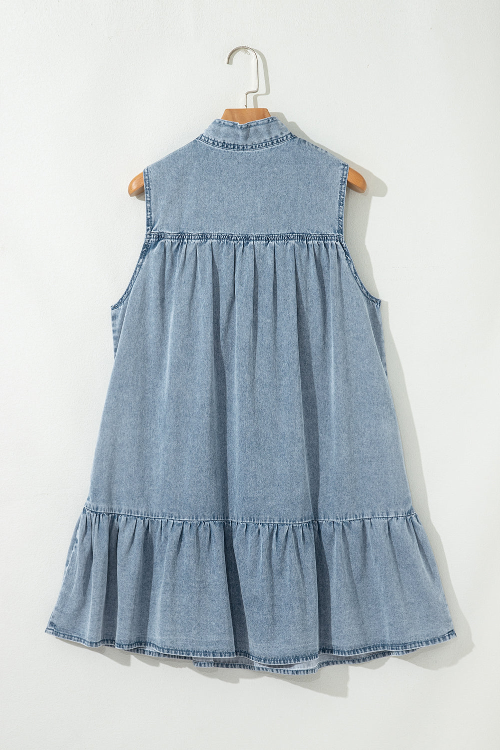 Blue Bowknot Neck Sleeveless Ruffled Chambray Dress