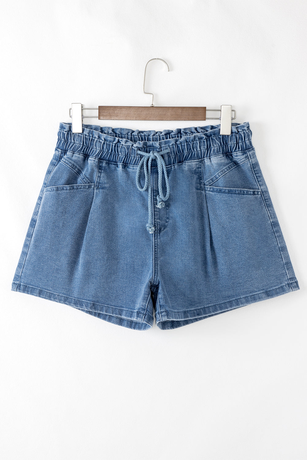 Black Drawstring High Waist Casual Denim Shorts with Pockets