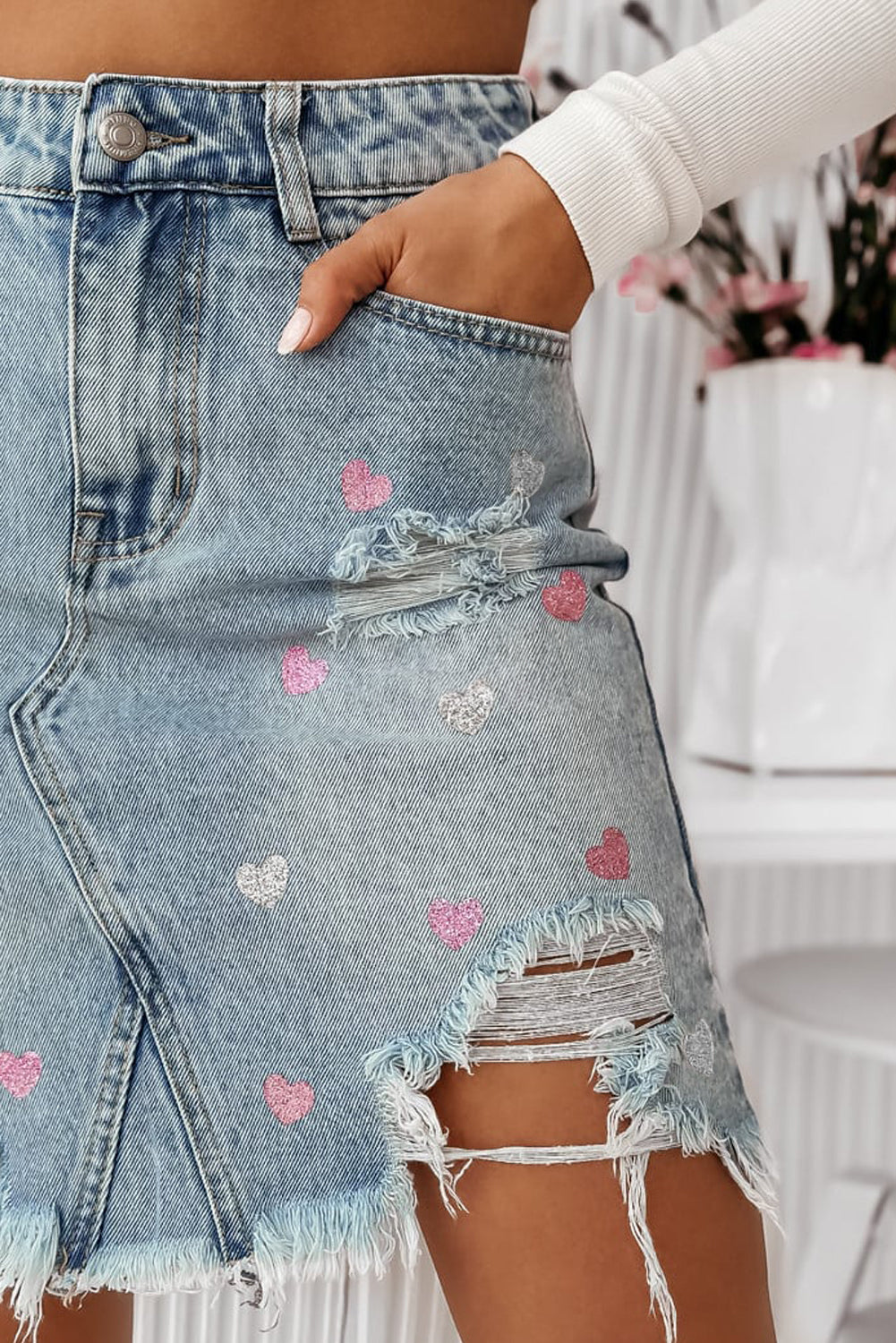 Beau Blue Shimmer Heart Pattern Distressed Denim Mini Skirt