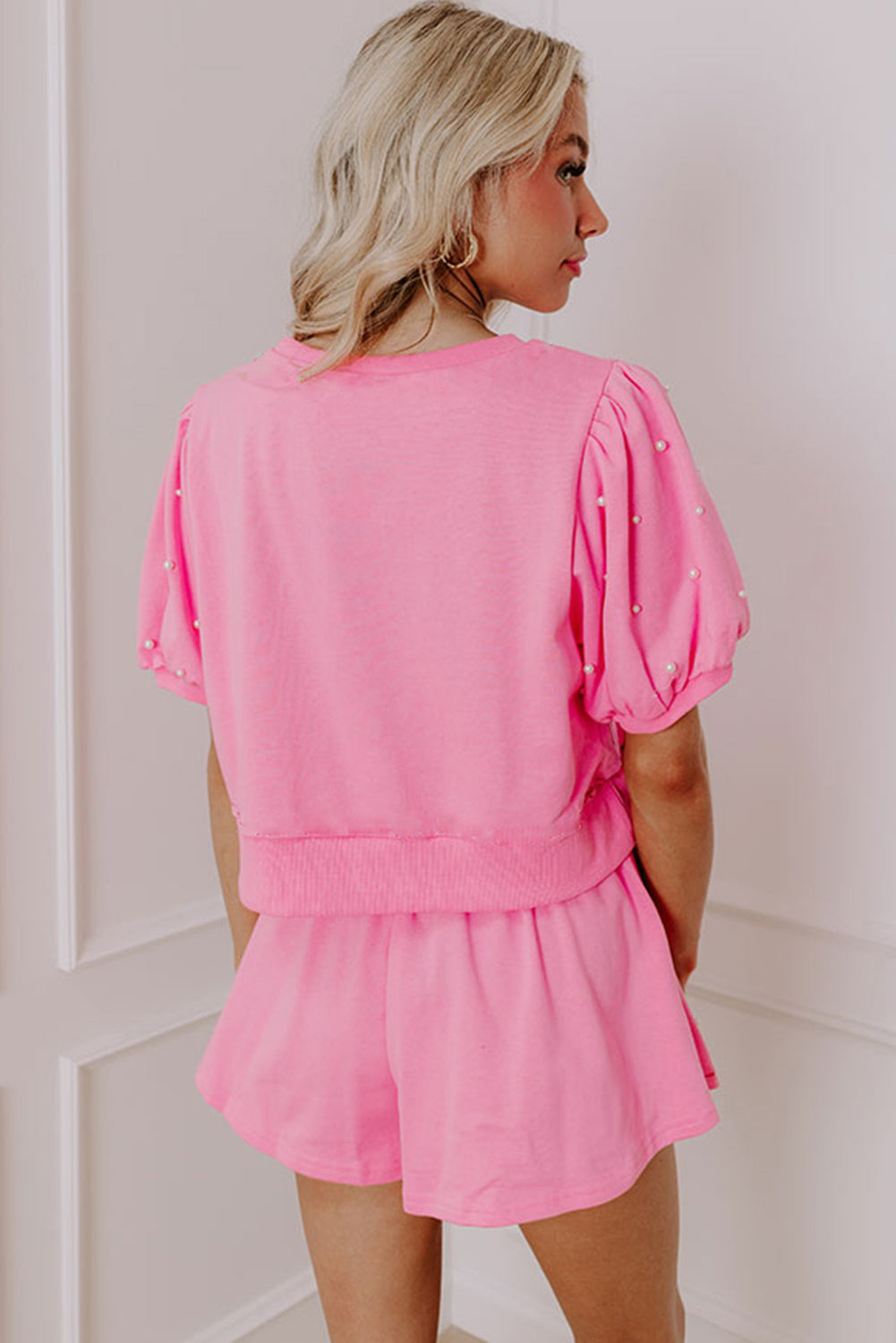 Pink Contrast Bow Trim Pearl Puff Sleeve Blouse and Skort 2pcs Set