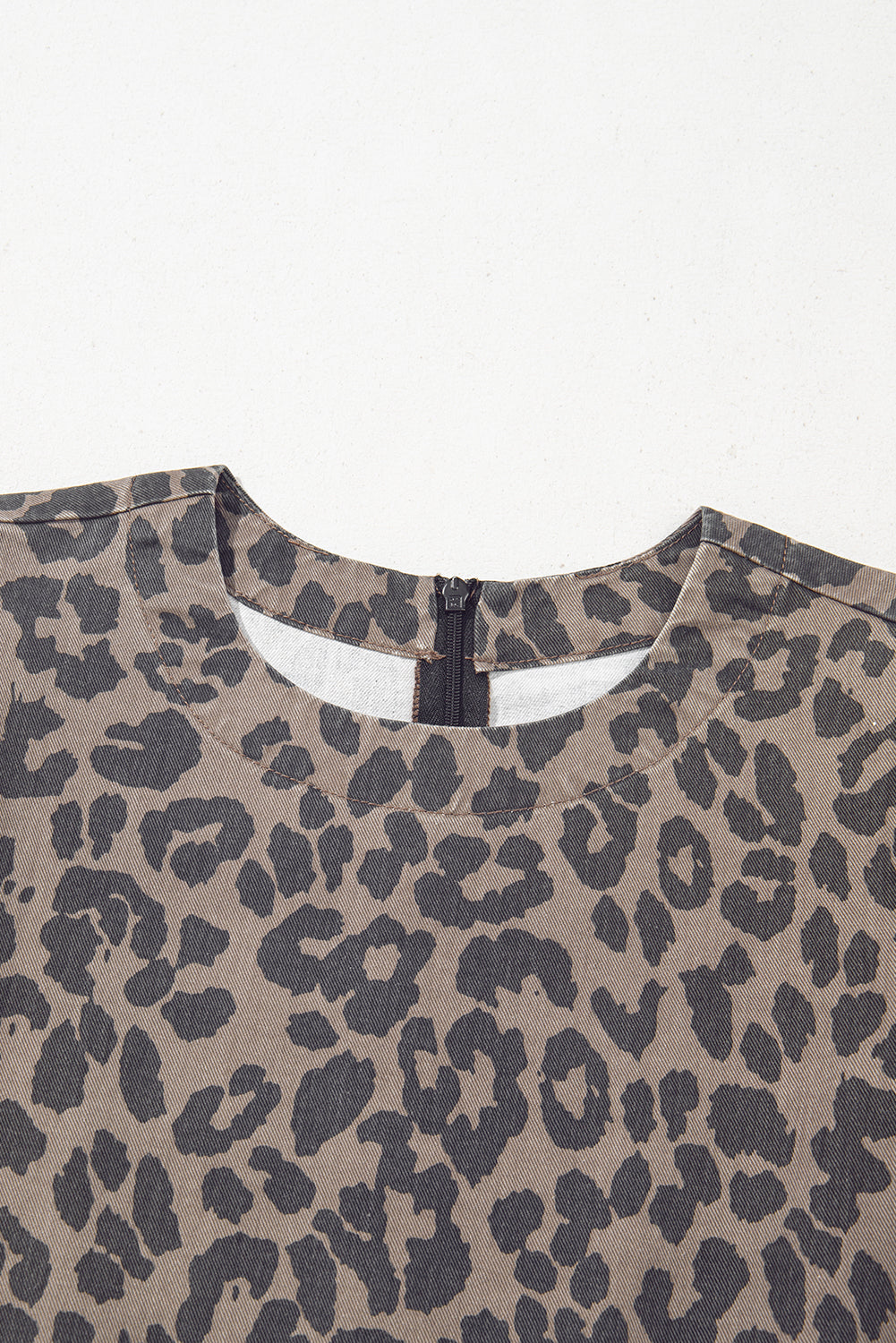 Brown Denim Leopard Printed Short Puff Sleeve Mini Dress