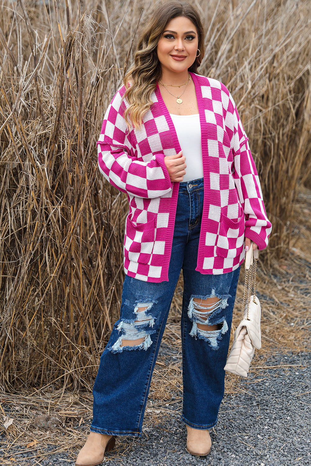 Pink Checkered Pattern Open Front Plus Size Cardigan