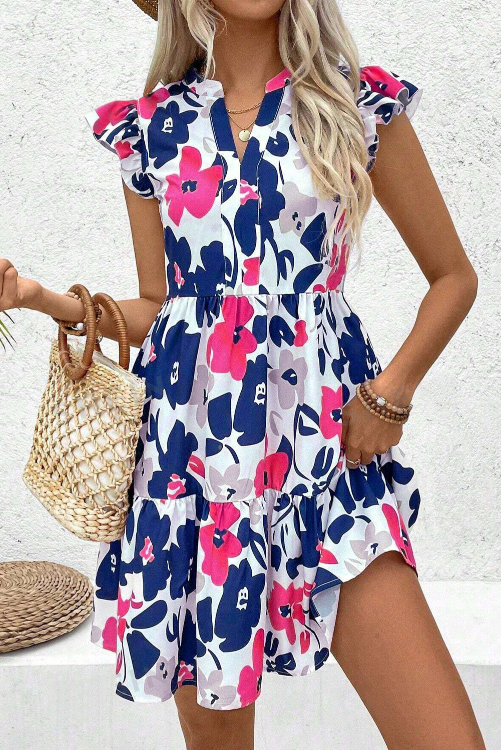 Fashion Floral Print Notched Neck Flutter Sleeve Mini Dress