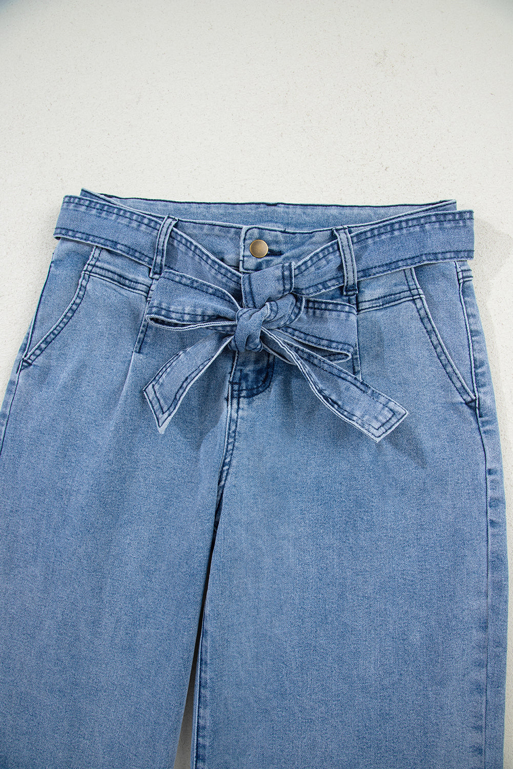Bow Knot Washed Sash Wide Leg Jeans