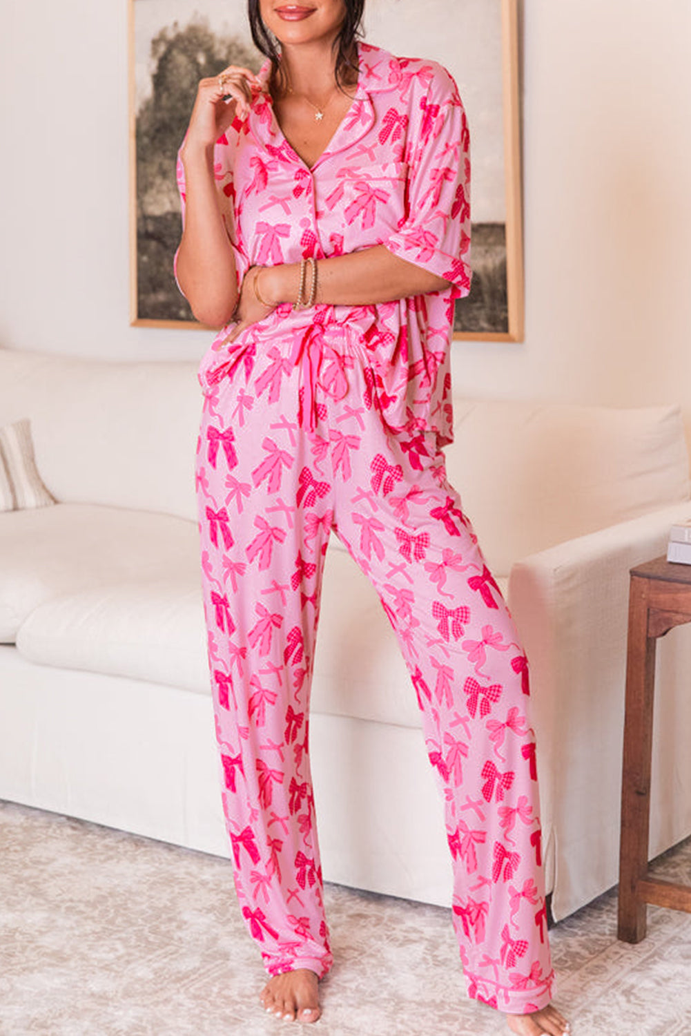 Pink Bow Knot Short Sleeve and Pants Pajamas Set