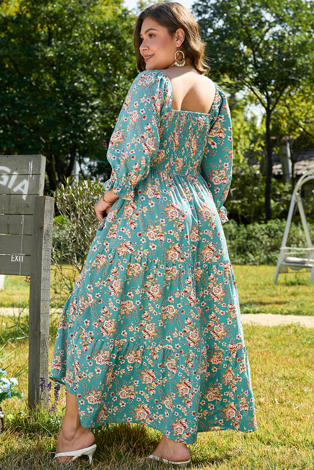 Floral Print Square Neck Smocked Maxi Dress