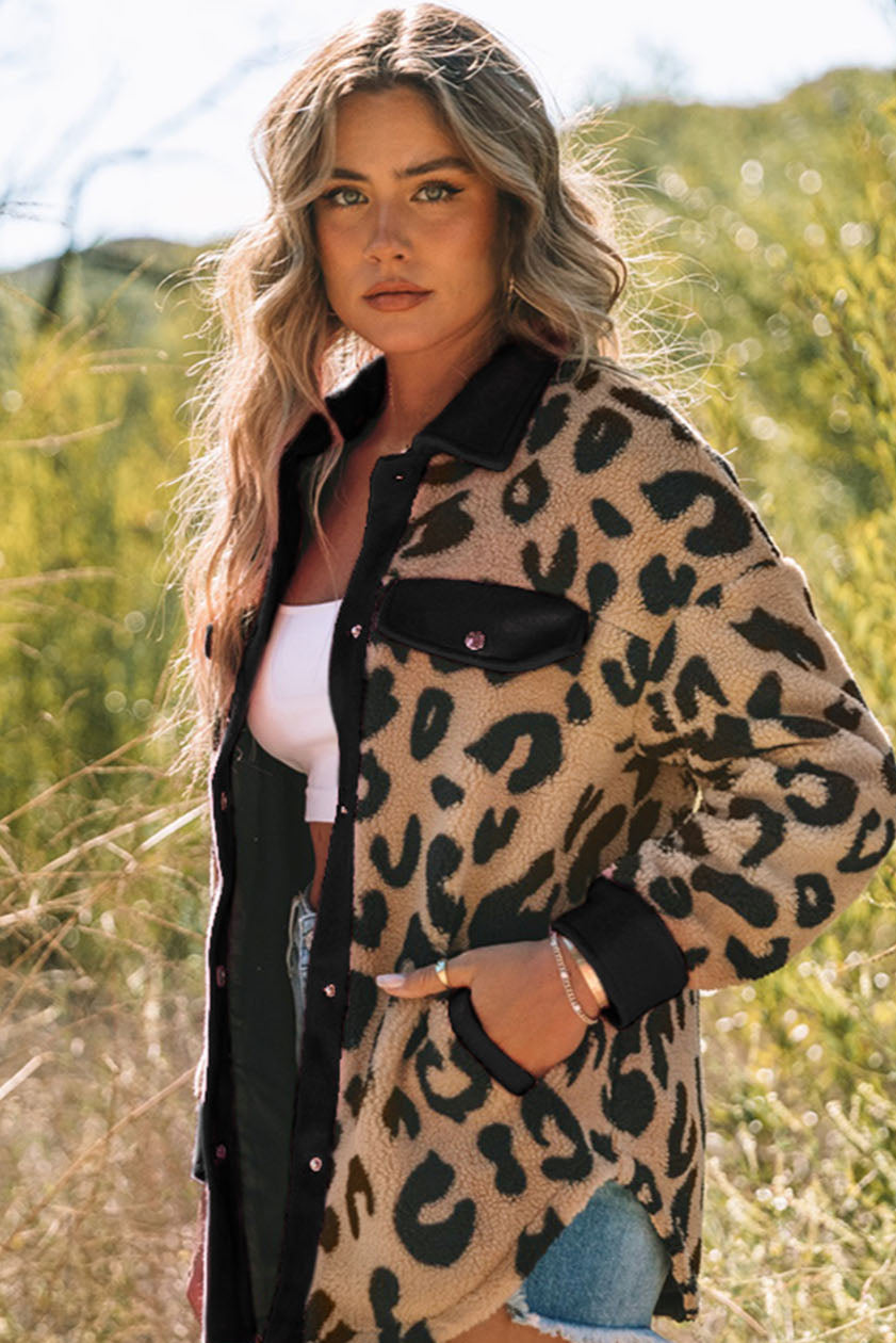 Black Contrast Trimmed Leopard Teddy Jacket