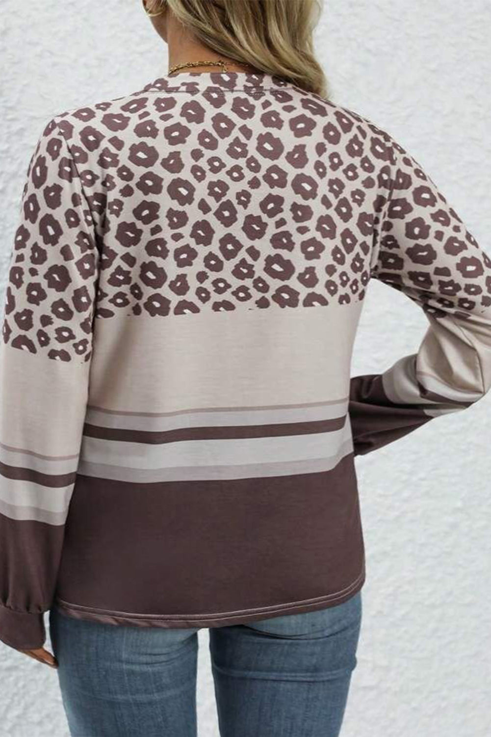 Coffee Leopard Striped Long Sleeve Crew Neck Top