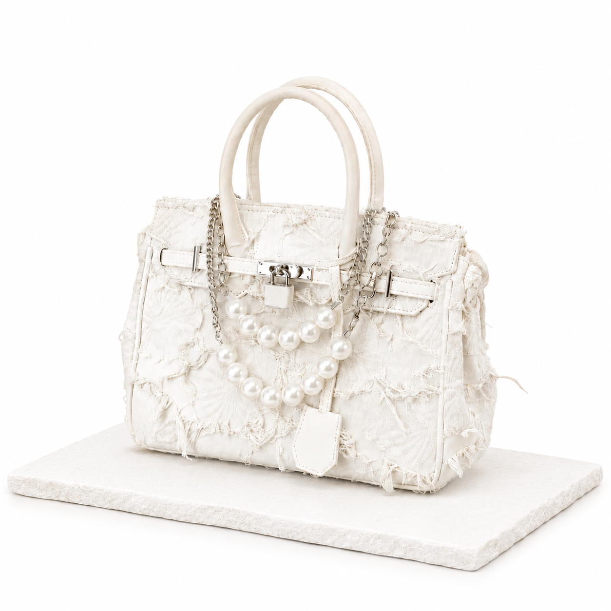 Denim Platinum Pearl Chain Bag