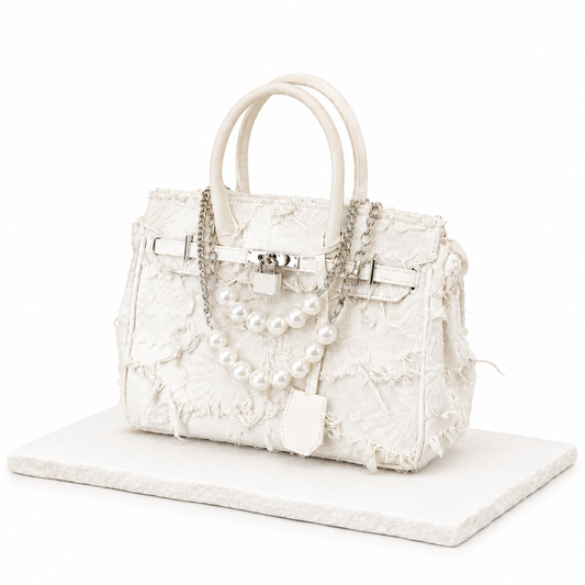 Denim Platinum Pearl Chain Bag