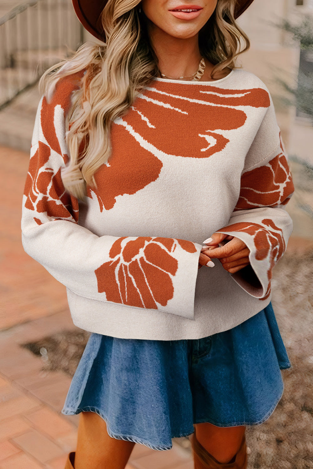 Flower Pattern Wide Sleeve Baggy Sweater