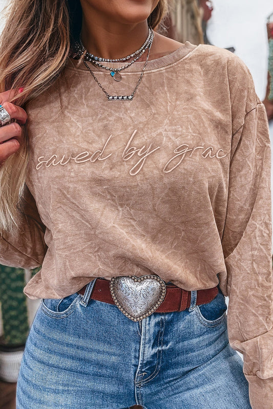 Saved By Grace Letter Embroidery Mineral Wash Loose Sweatshirt
