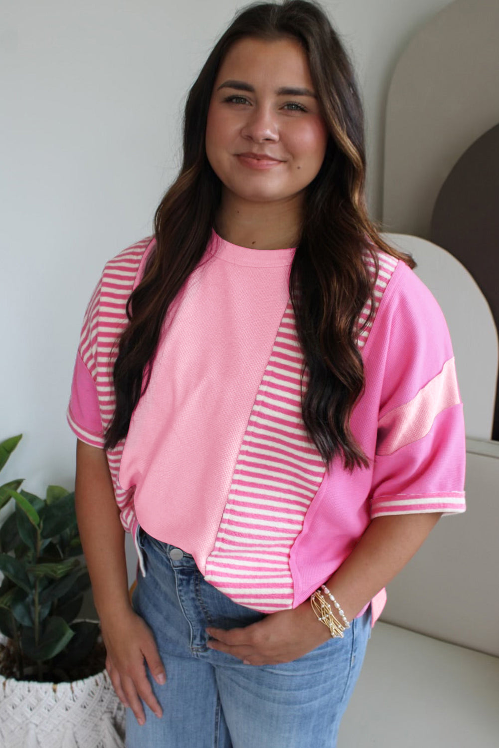 Pink Stripe Patchwork Colorblock Plus Size T Shirt