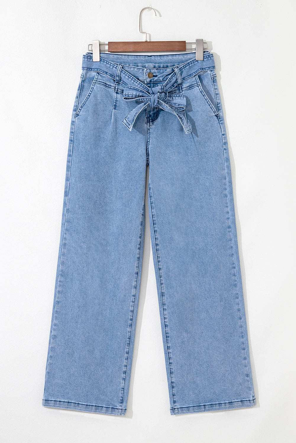 Bow Knot Washed Sash Wide Leg Jeans