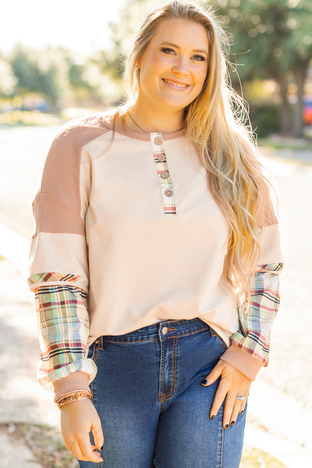 Plaid Patchwork Layered Henley Top