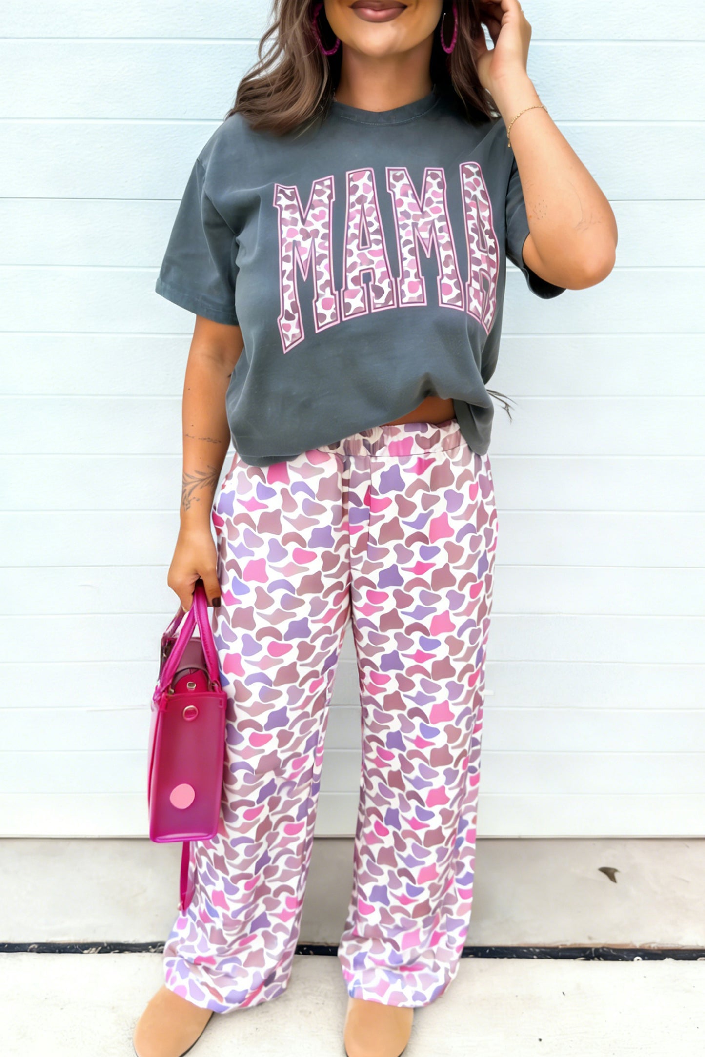 MAMA Letter Graphic Tee Camouflage Print Loose Pant Set