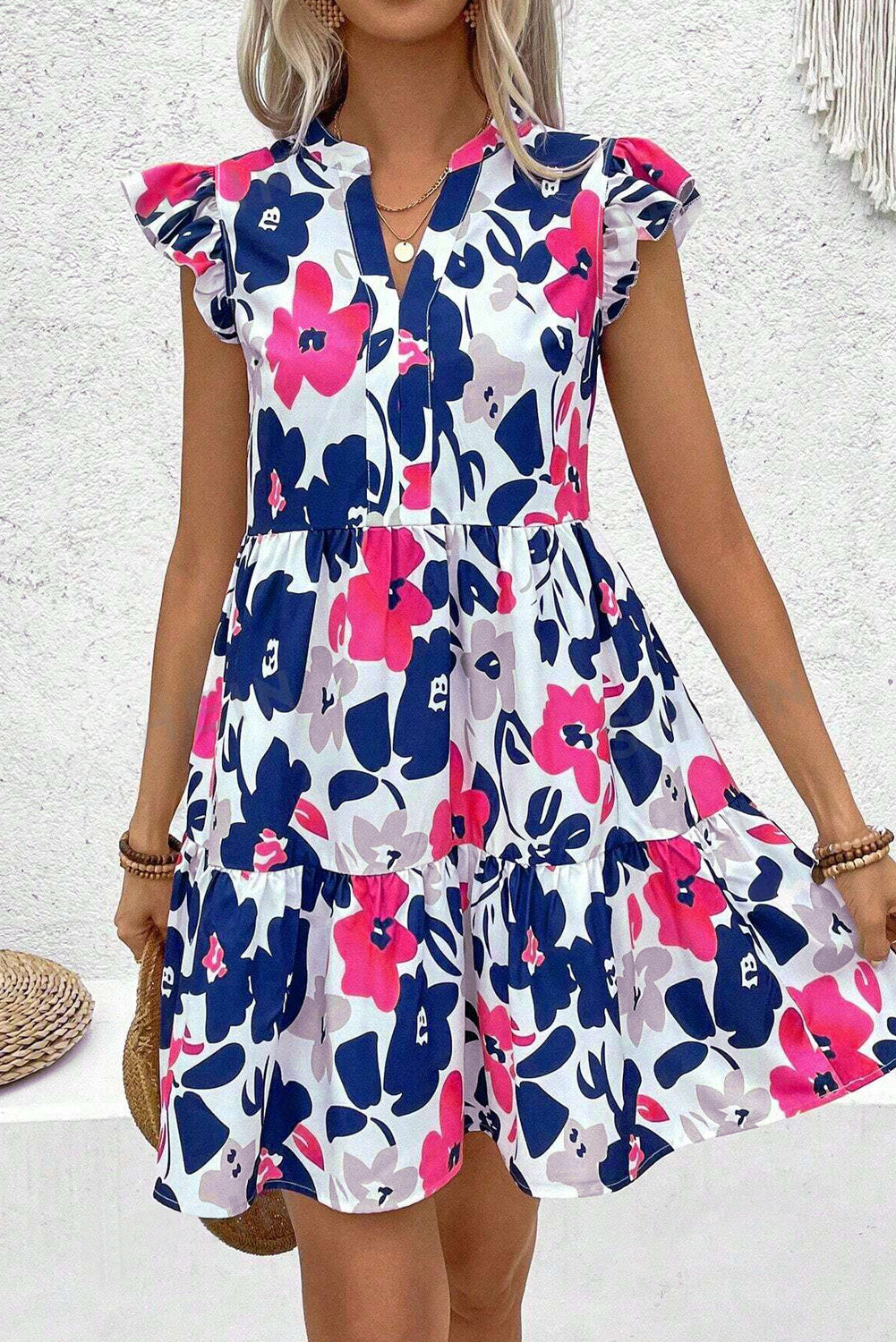 Fashion Floral Print Notched Neck Flutter Sleeve Mini Dress
