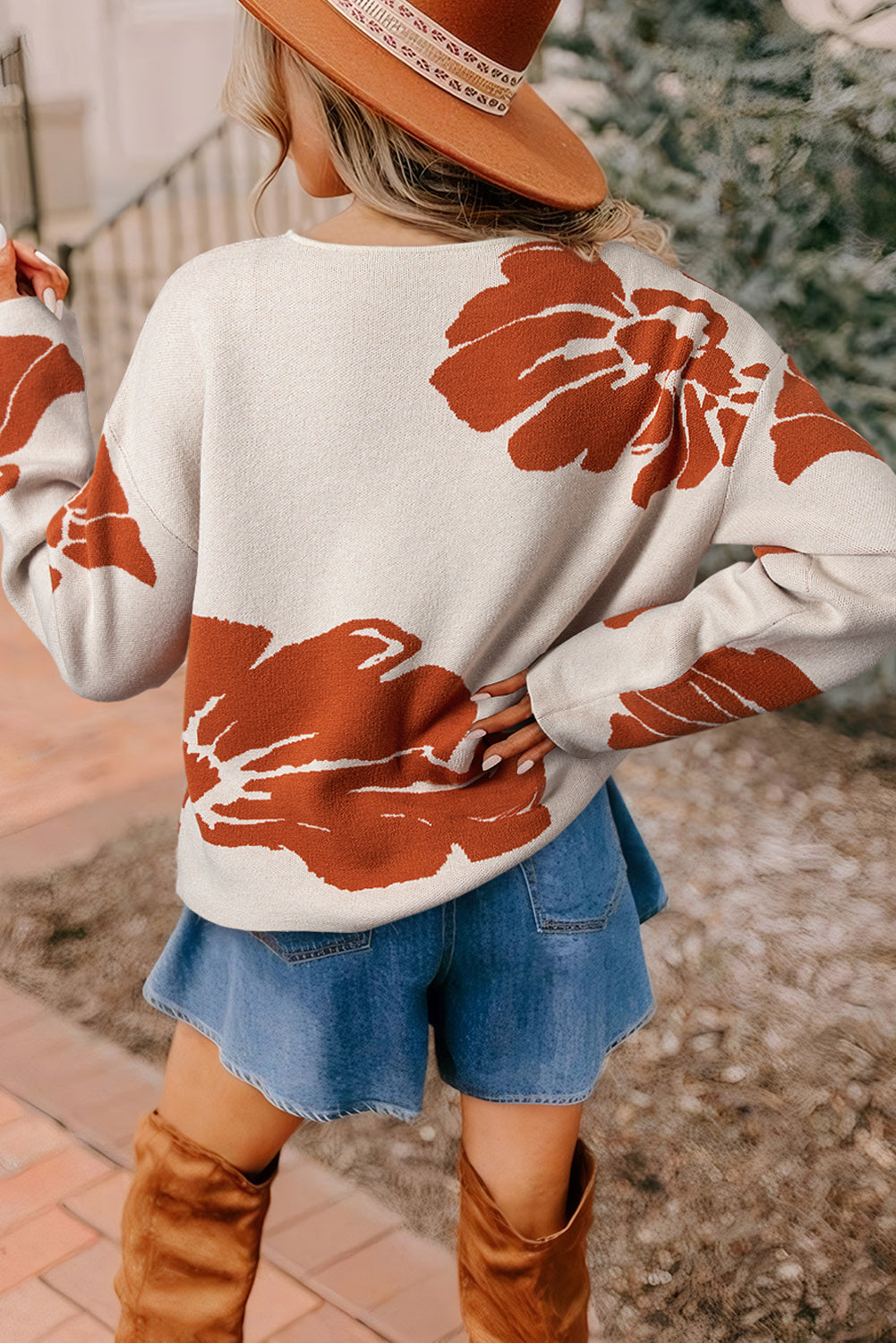 Flower Pattern Wide Sleeve Baggy Sweater