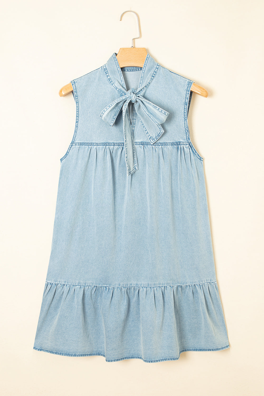 Blue Bowknot Neck Sleeveless Ruffled Chambray Dress