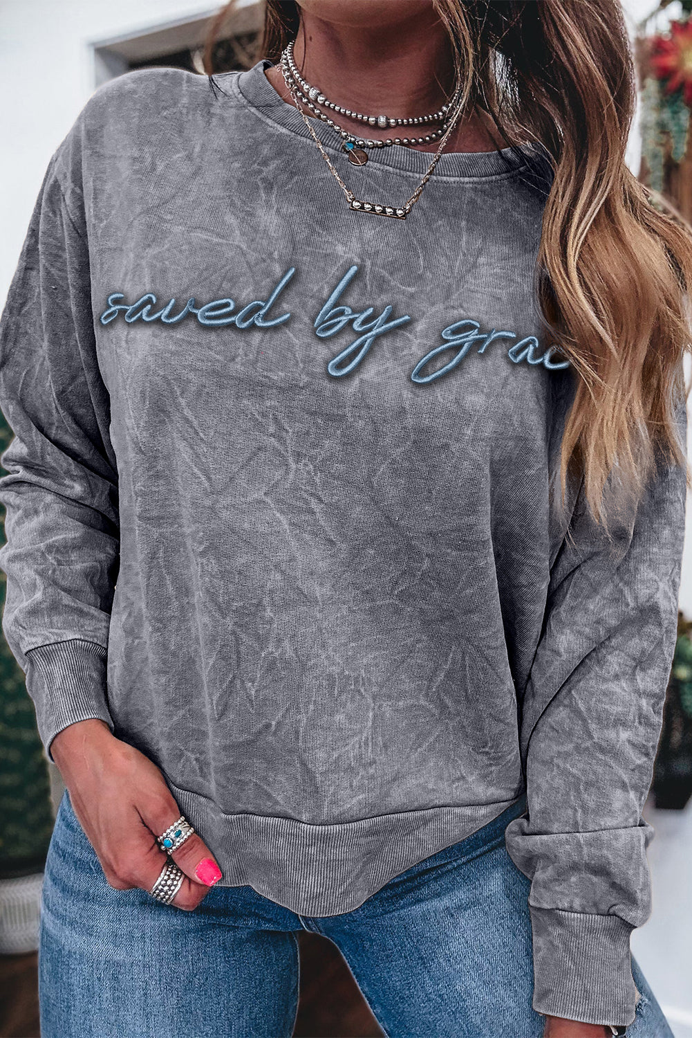 Saved By Grace Letter Embroidery Mineral Wash Loose Sweatshirt