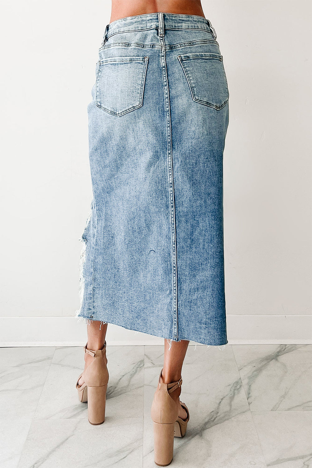 Distressed Denim Midi Skirt