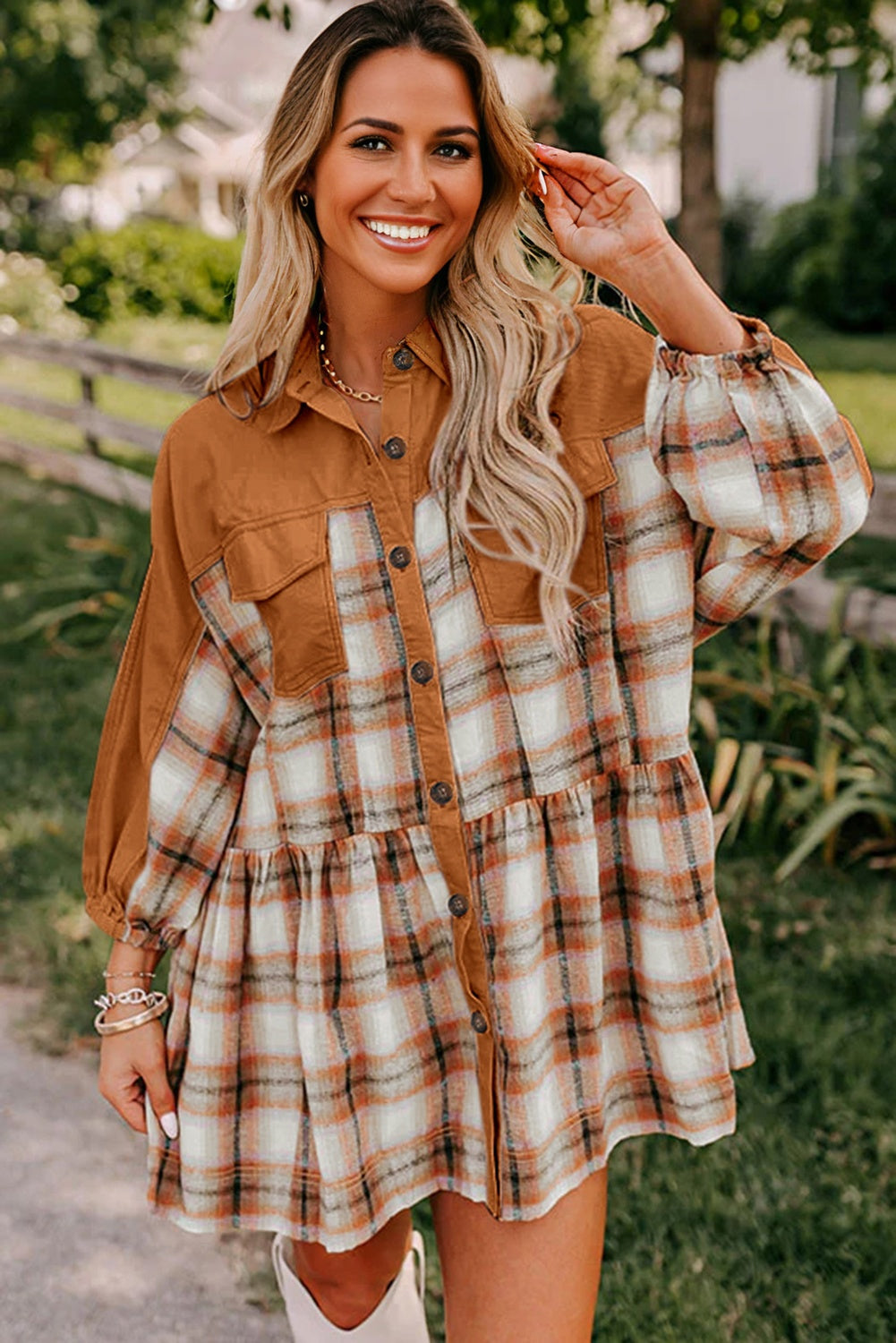 Ruffle Plaid Shirt Dress