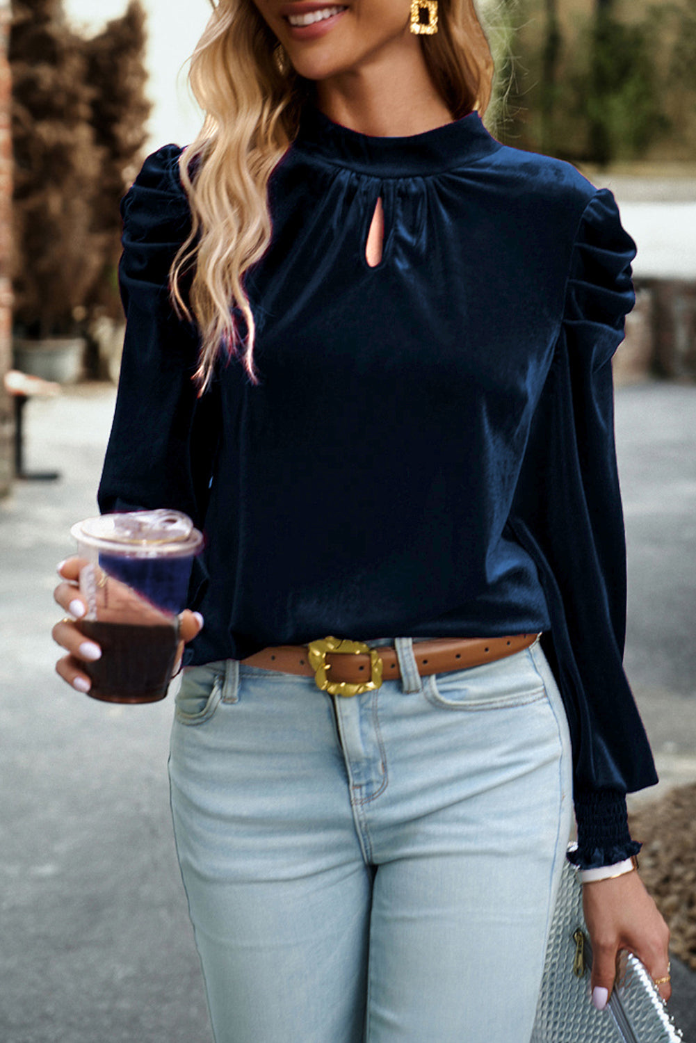 Mock Neck Puff Sleeve Velvet Blouse