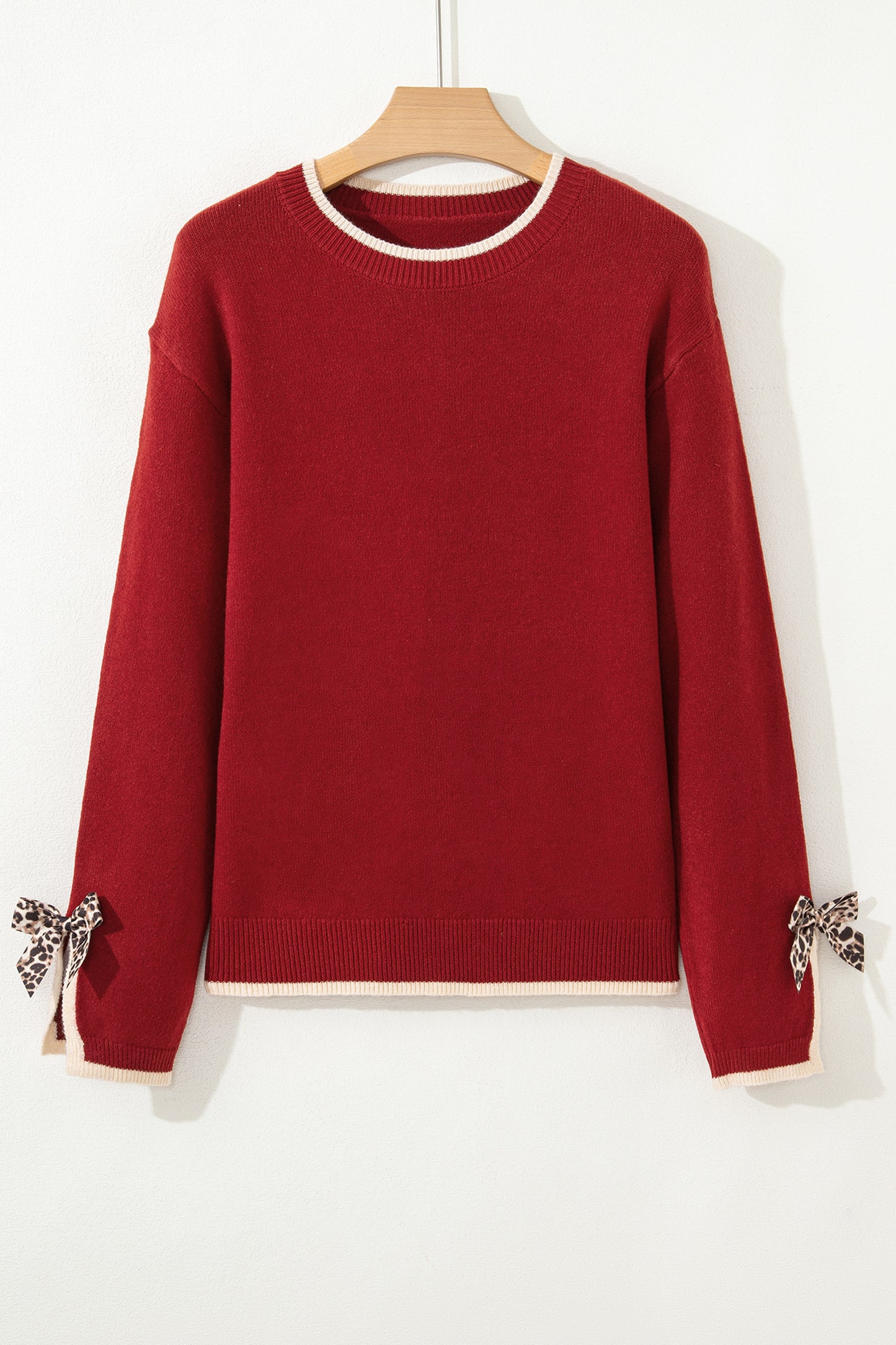 Leopard Bow Decor Split Cuff Contrast Trim Sweater