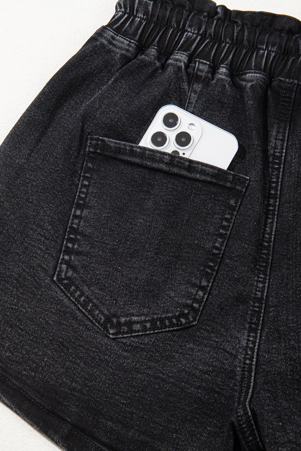 Black Drawstring High Waist Casual Denim Shorts with Pockets