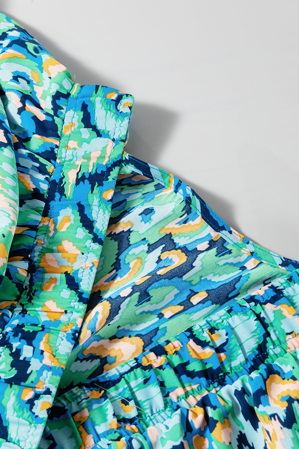 Pink Abstract Print Puff Sleeve V Neck High Waist Romper