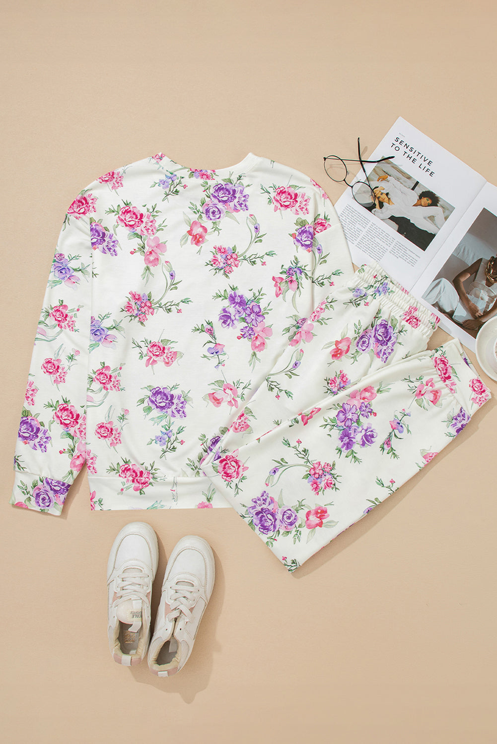 Floral Print Pullover Drawstring Lounge Pants Set