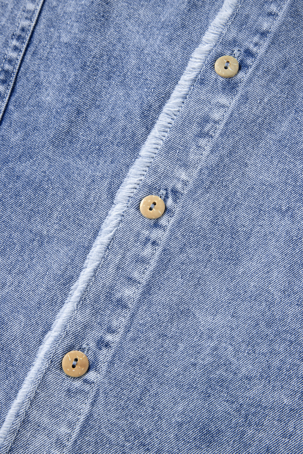 Beau Blue Wash Long Sleeve Button Up Raw Hem Pocketed Denim Dress