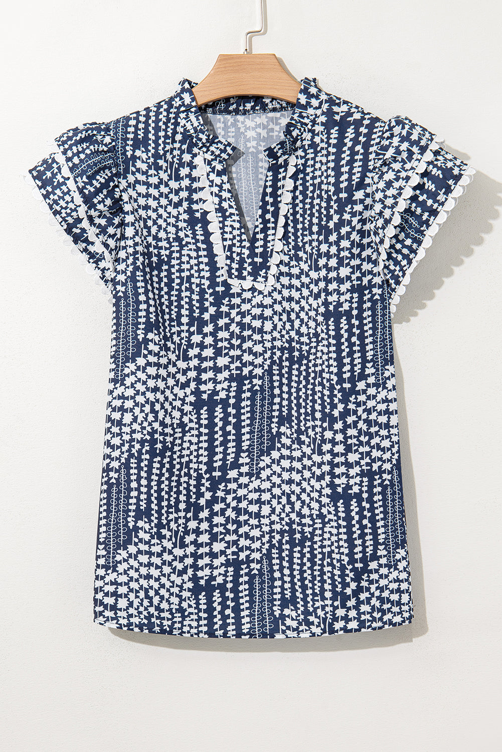 Pink Abstract Print Ric Rac Trim Flutter Sleeve Notch V Neck Blouse