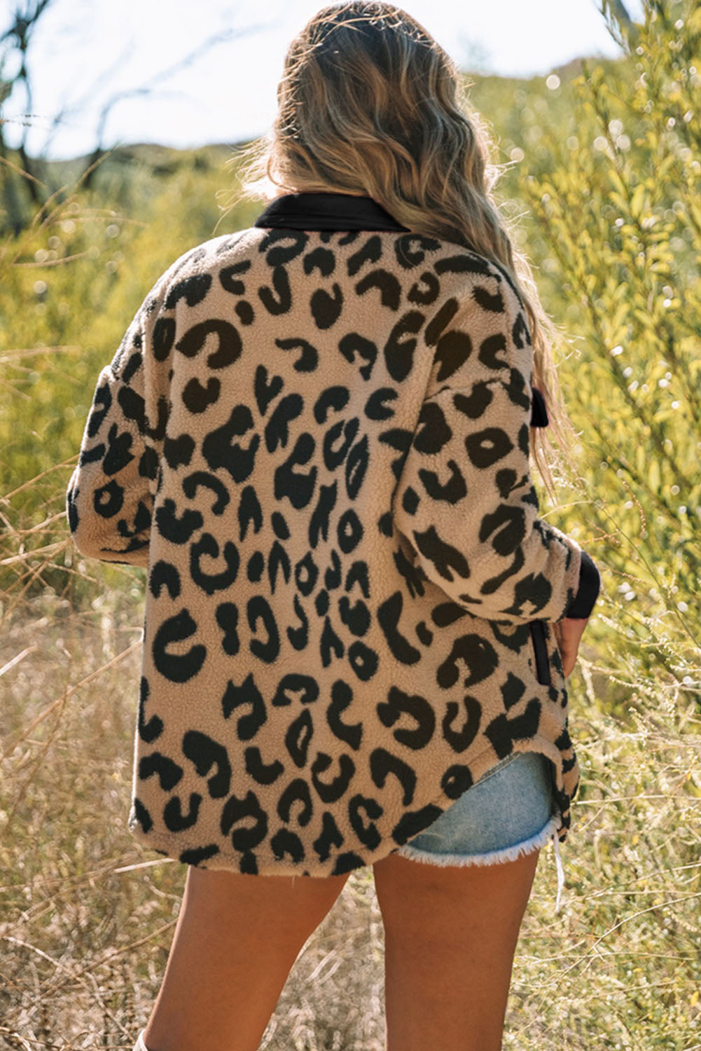 Black Contrast Trimmed Leopard Teddy Jacket