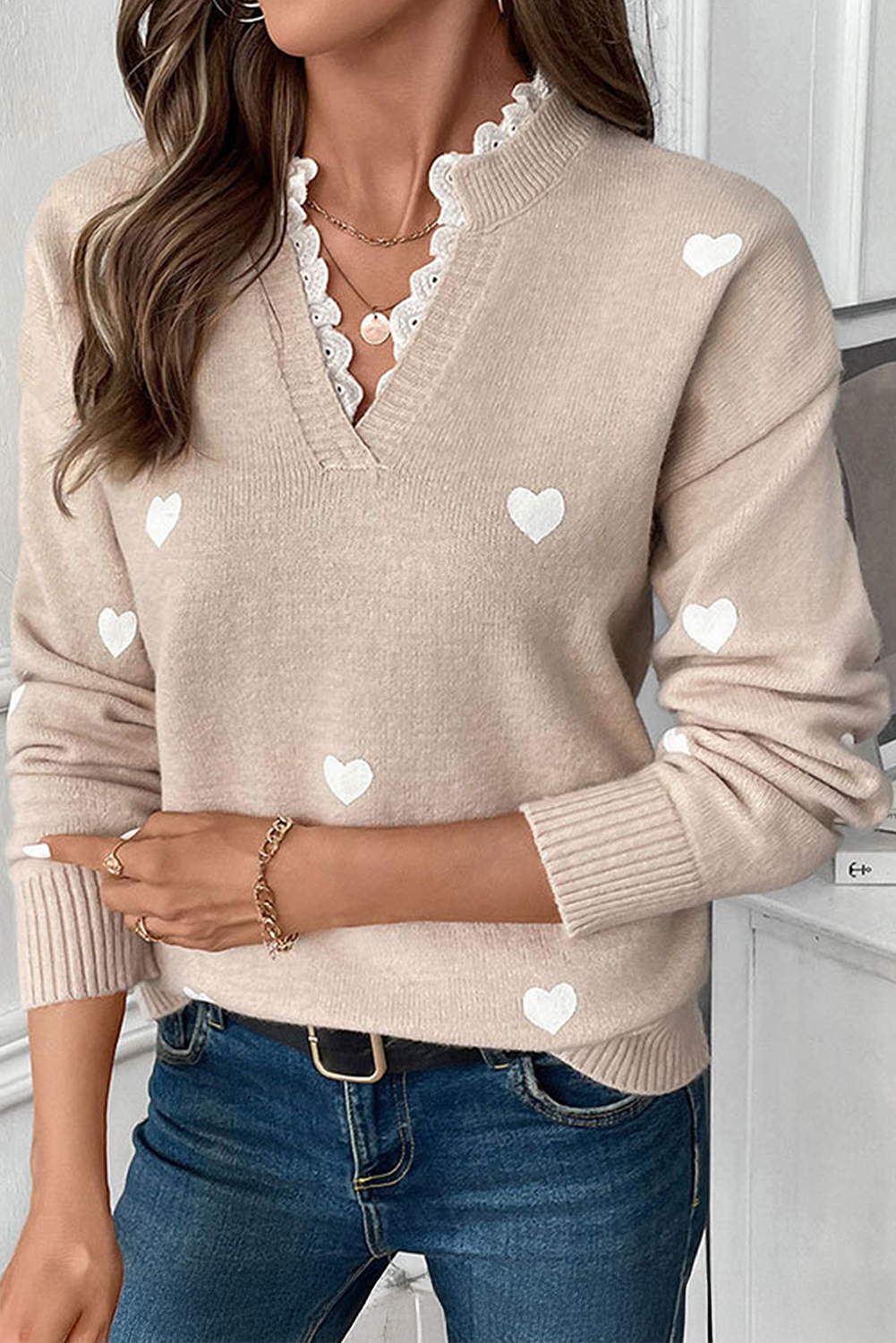Heart Print Lace Splicing V Neck Sweater